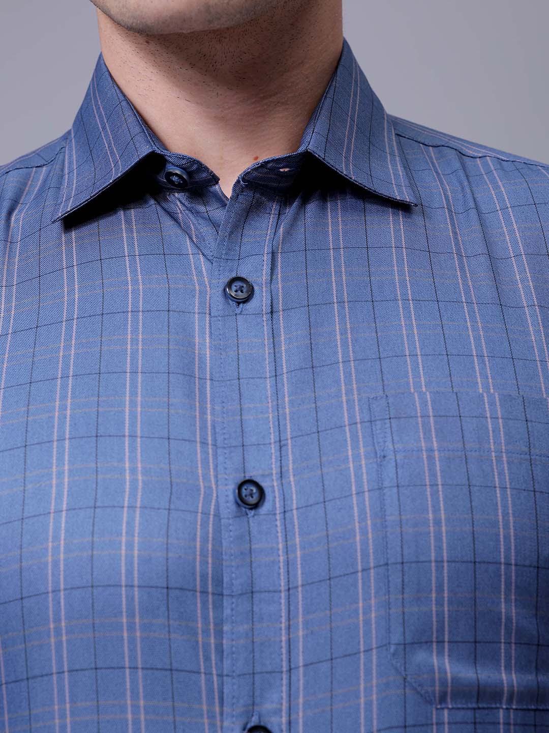 Men's Blue Slim Fit Checked Formal Shirt - Image 6