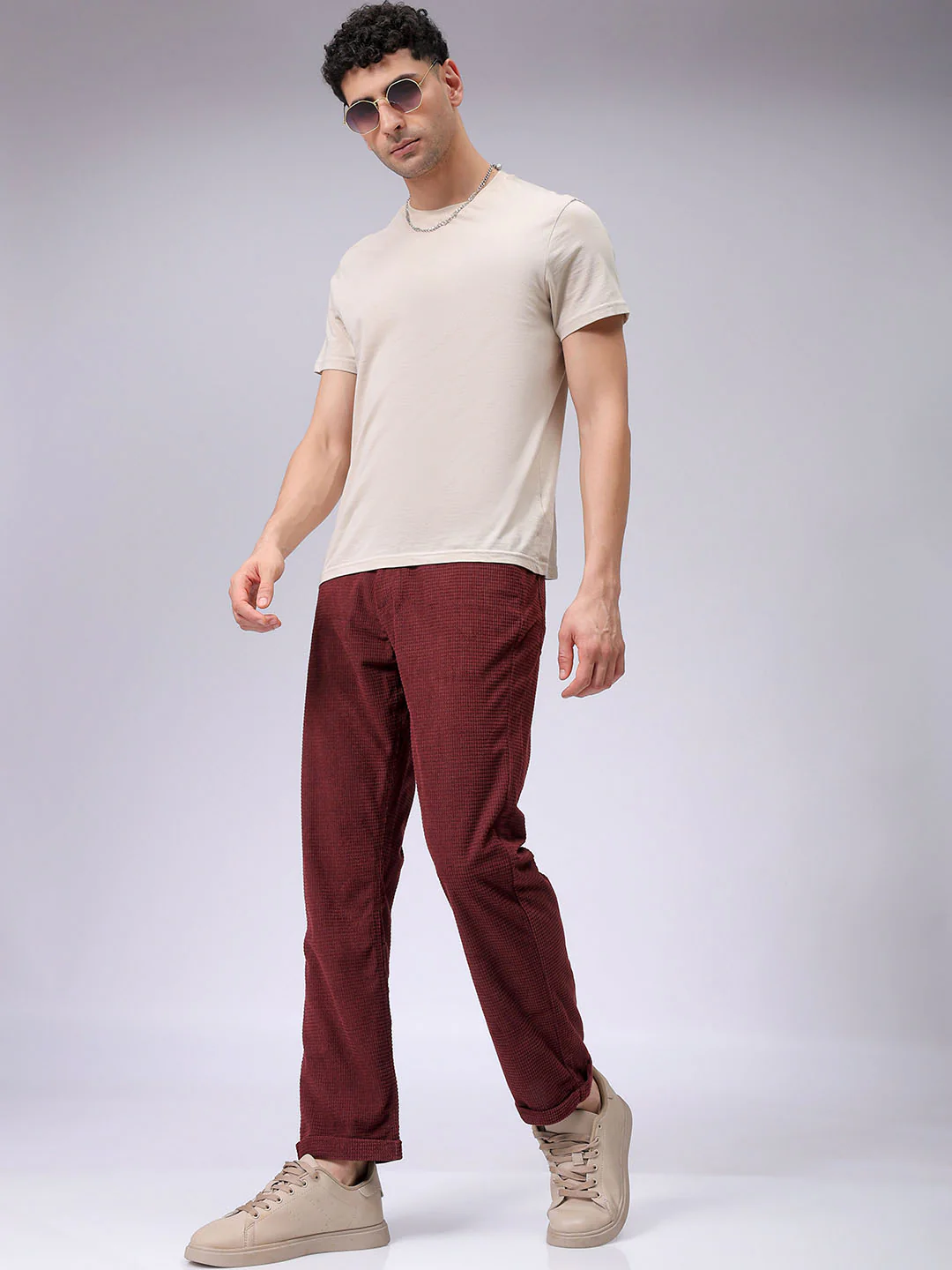 Men's Burgundy Straight Fit Textured Casual Trouser - Image 2
