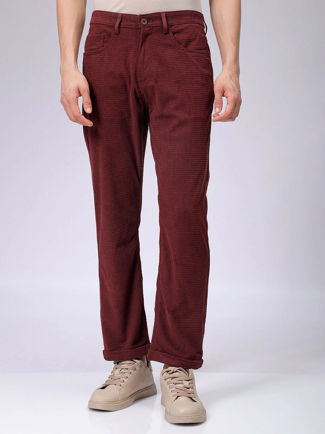 Men's Burgundy Straight Fit Textured Casual Trouser - Image 3