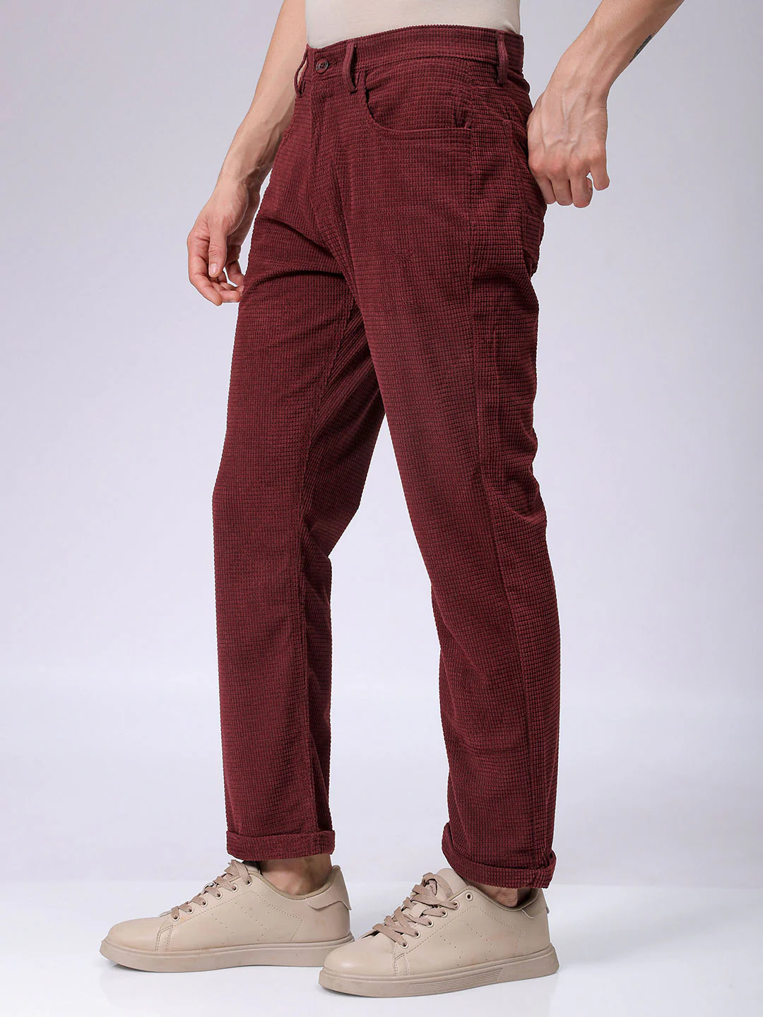 Men's Burgundy Straight Fit Textured Casual Trouser - Image 4