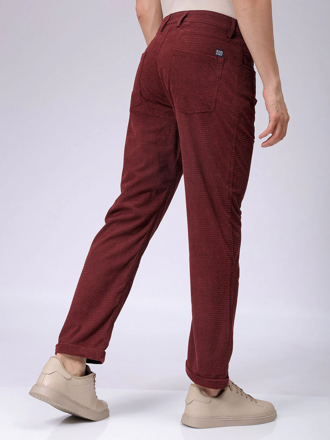 Men's Burgundy Straight Fit Textured Casual Trouser - Image 5