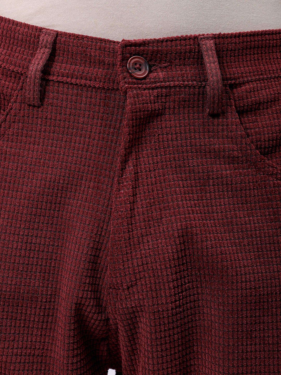 Men's Burgundy Straight Fit Textured Casual Trouser - Image 6