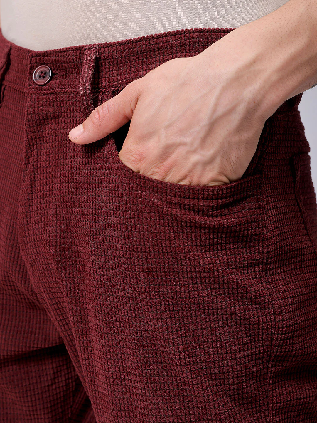 Men's Burgundy Straight Fit Textured Casual Trouser - Image 7