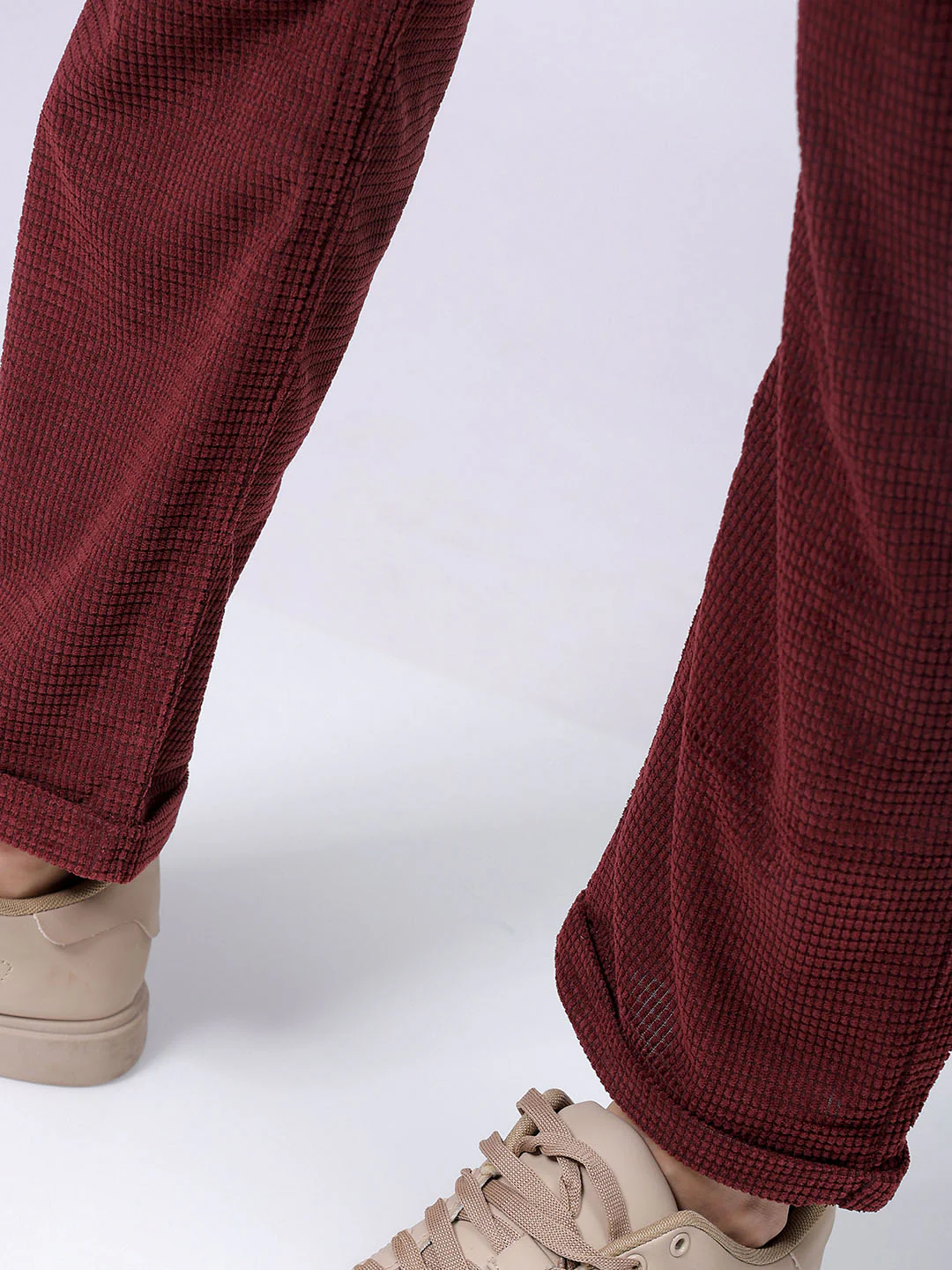 Men's Burgundy Straight Fit Textured Casual Trouser - Image 8