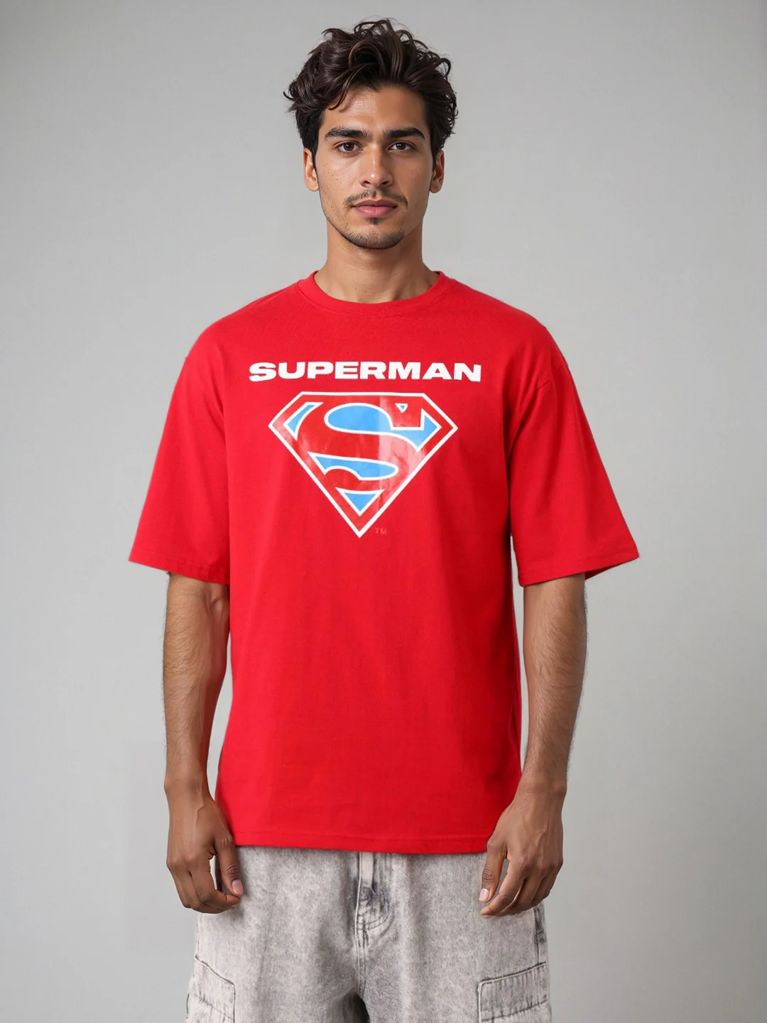 Men's Red Boxy Fit Character Superman Printed Crew Neck T-Shirt - Image 2