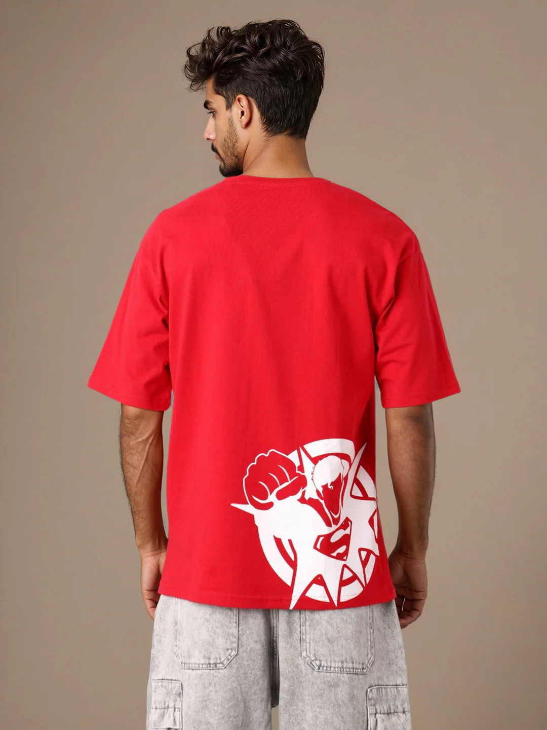 Men's Red Boxy Fit Character Superman Printed Crew Neck T-Shirt - Image 3