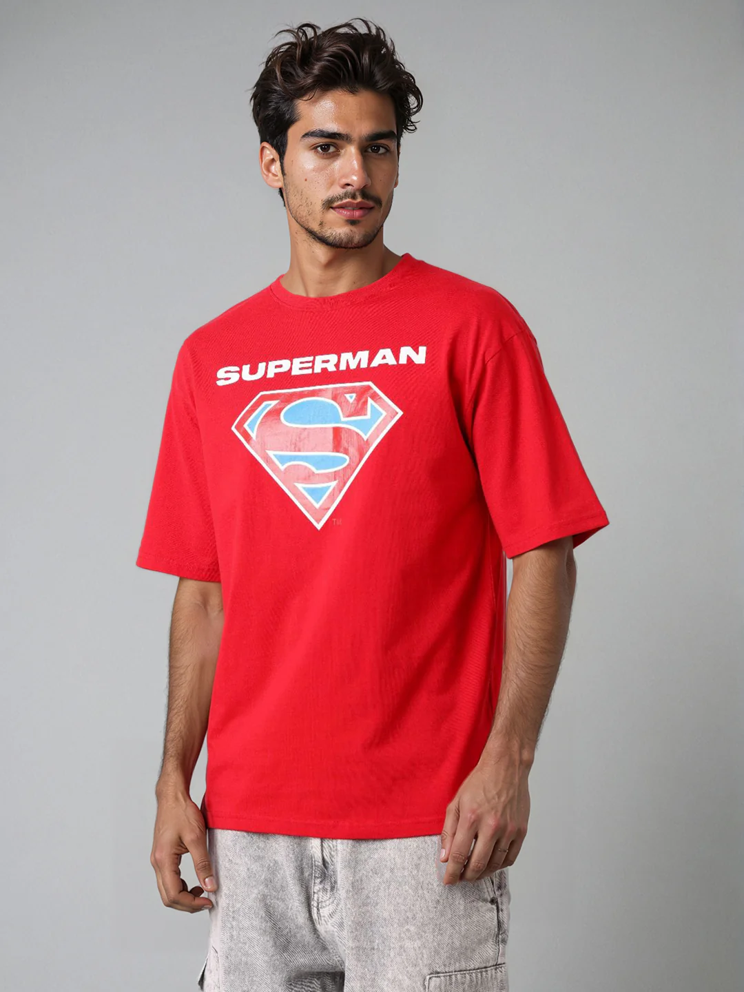Men's Red Boxy Fit Character Superman Printed Crew Neck T-Shirt - Image 4
