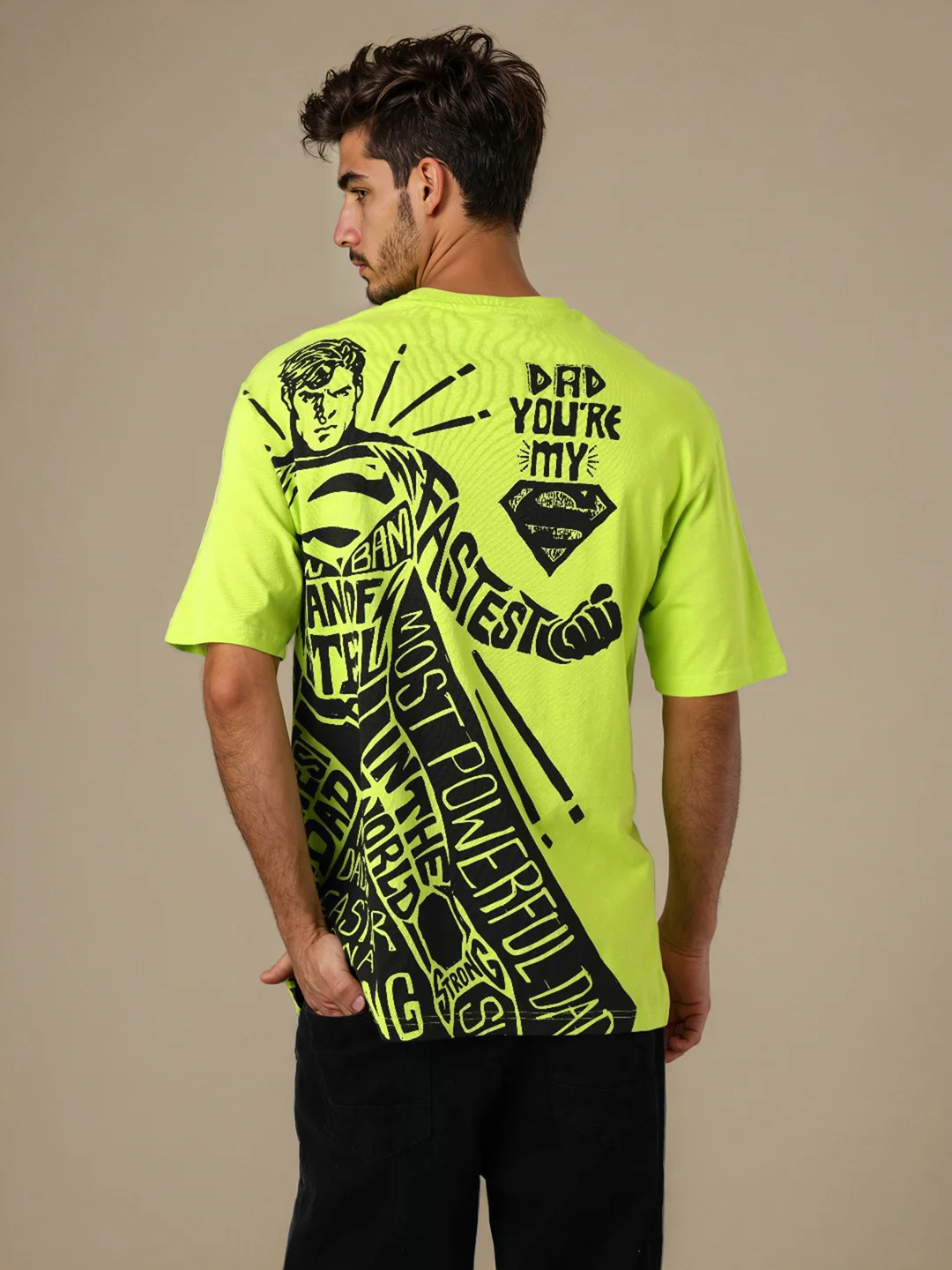 Men's Green Boxy Fit Character Superman Printed Crew Neck T-Shirt - Image 3