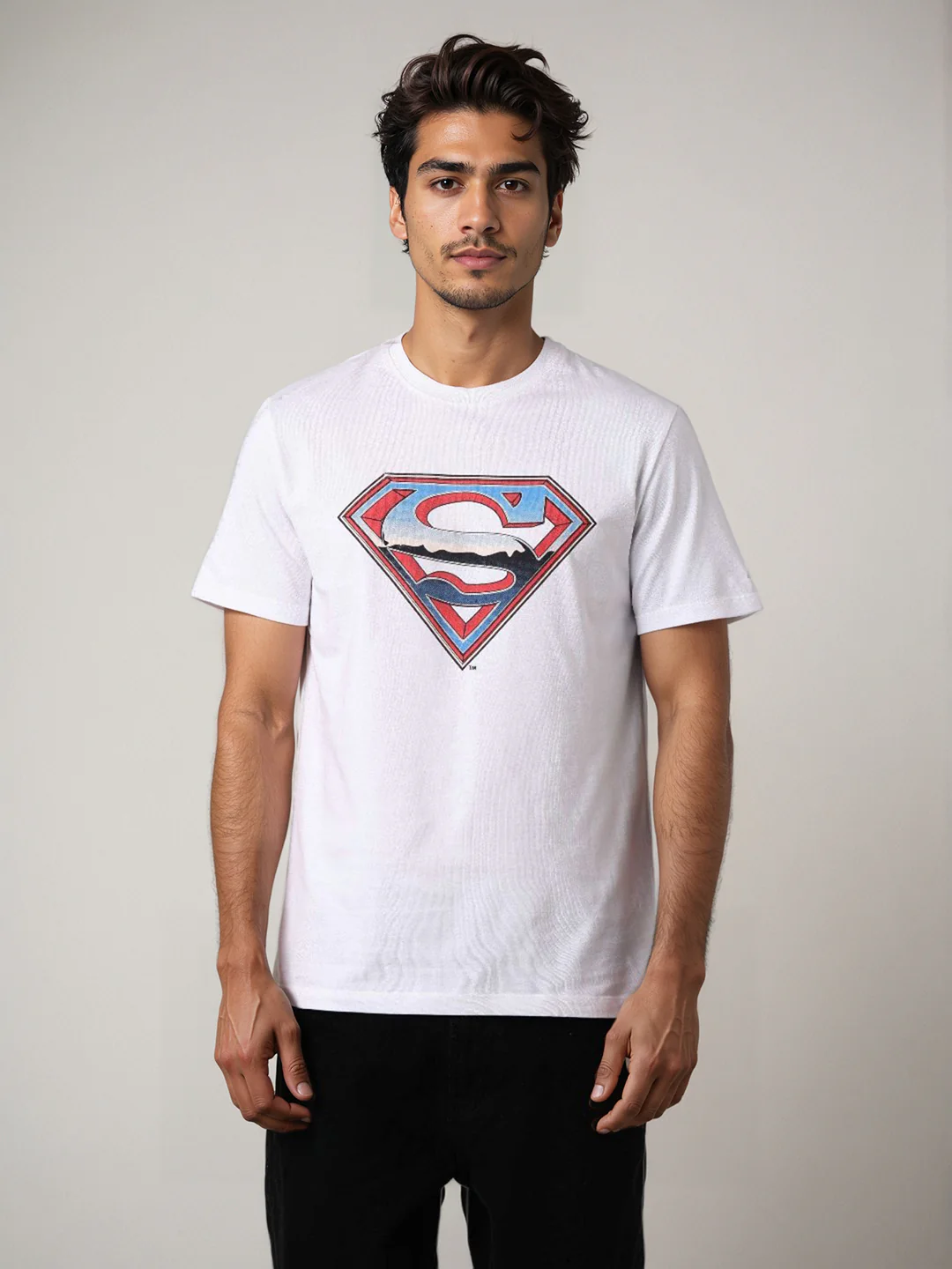 Men's White Slim Fit Character Superman Printed Crew Neck T-Shirt - Image 2