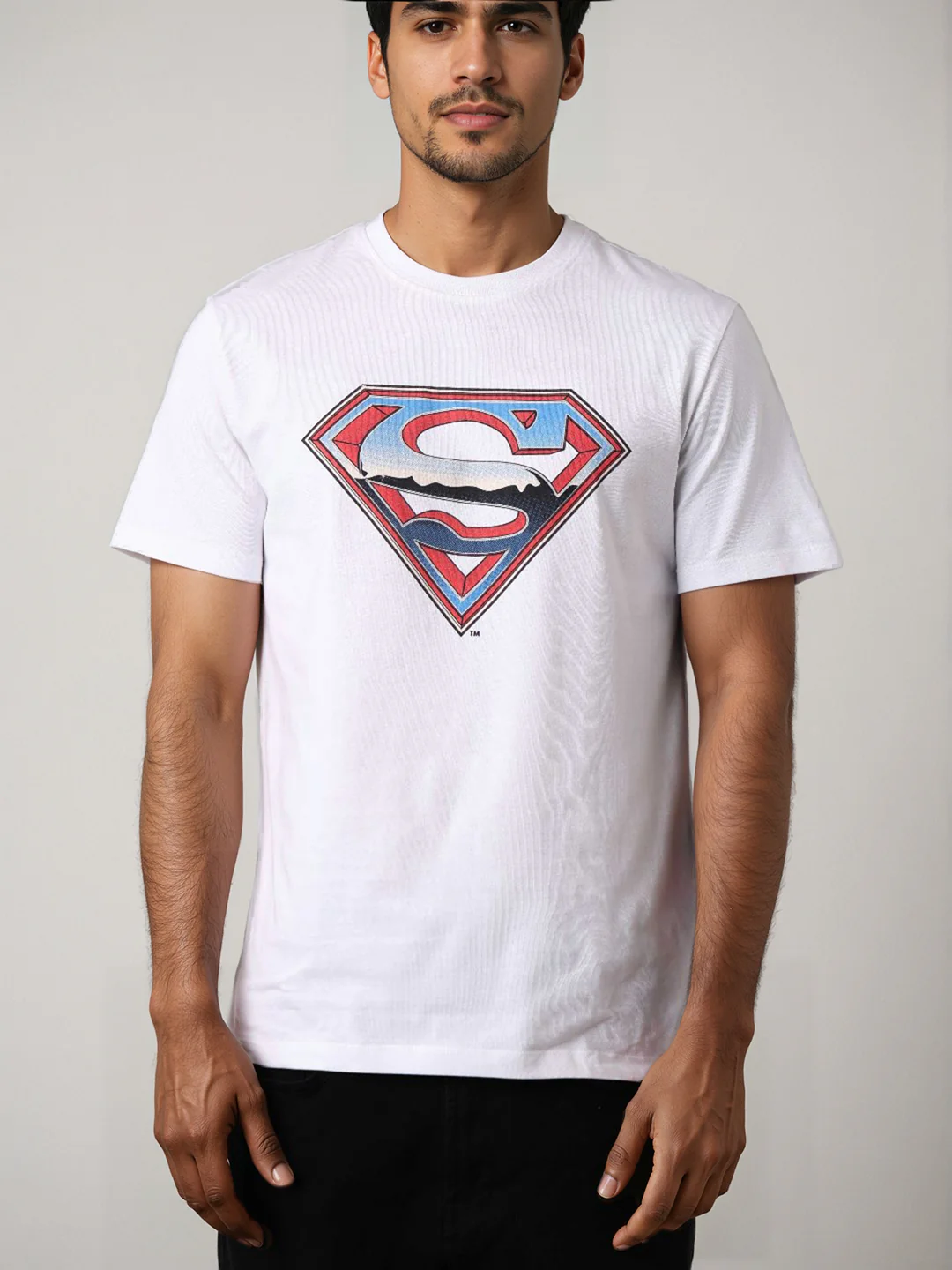 Men's White Slim Fit Character Superman Printed Crew Neck T-Shirt - Image 3