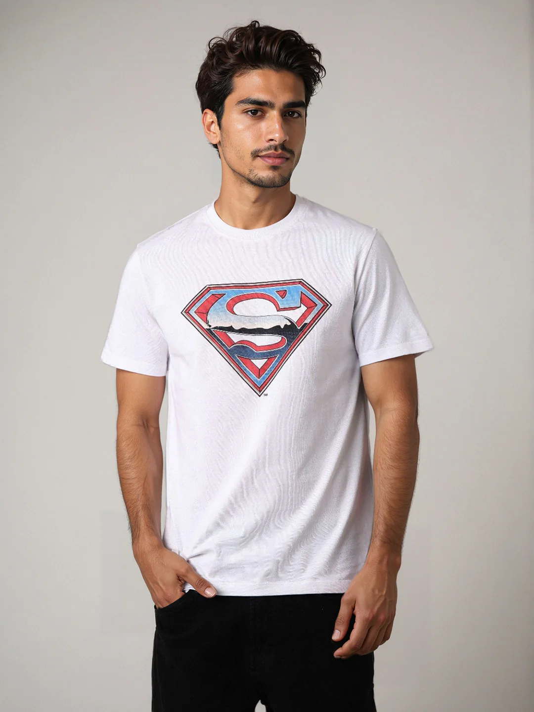 Men's White Slim Fit Character Superman Printed Crew Neck T-Shirt - Image 5