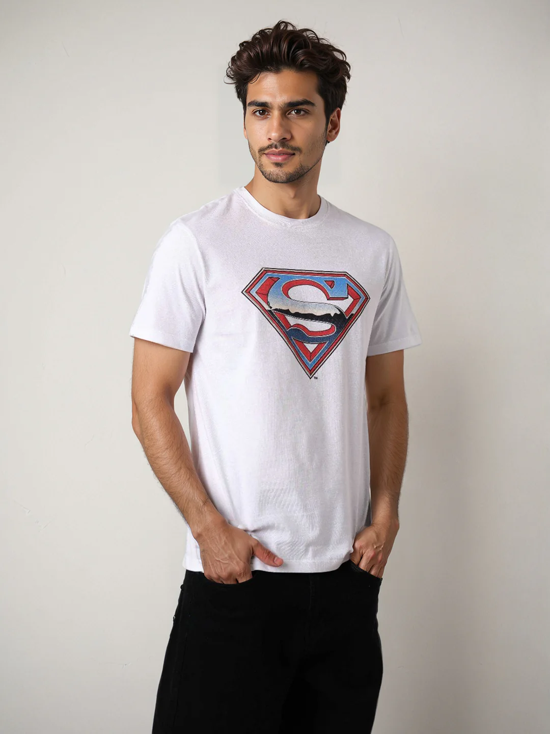 Men's White Slim Fit Character Superman Printed Crew Neck T-Shirt - Image 6