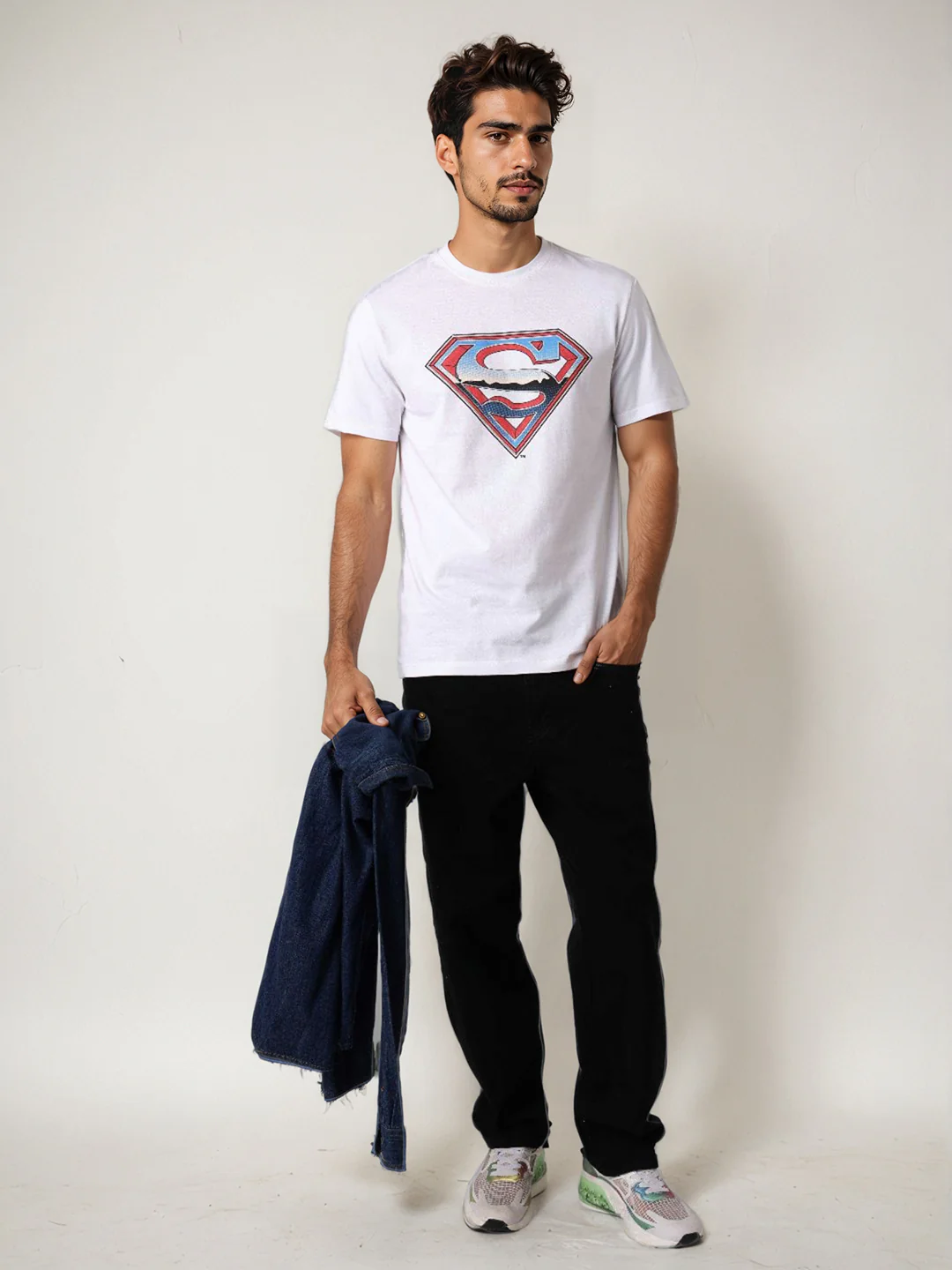 Men's White Slim Fit Character Superman Printed Crew Neck T-Shirt - Image 7