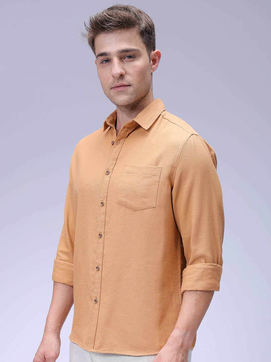 Men's Dark Tan Regular Fit Solid Textured Shirt - Image 2