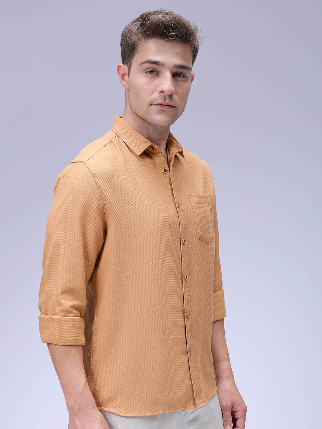 Men's Dark Tan Regular Fit Solid Textured Shirt - Image 3
