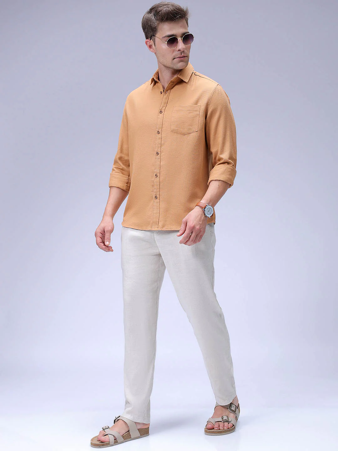Men's Dark Tan Regular Fit Solid Textured Shirt - Image 4