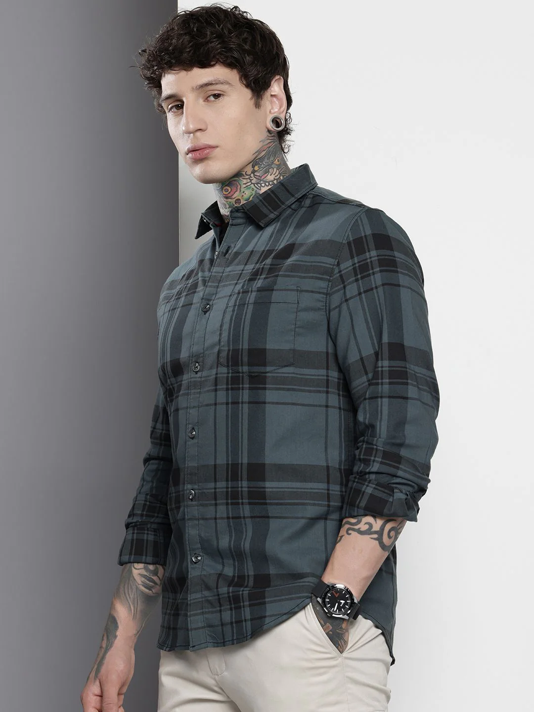 Men's Teal Slim Fit Checked Casual Shirt - Image 2