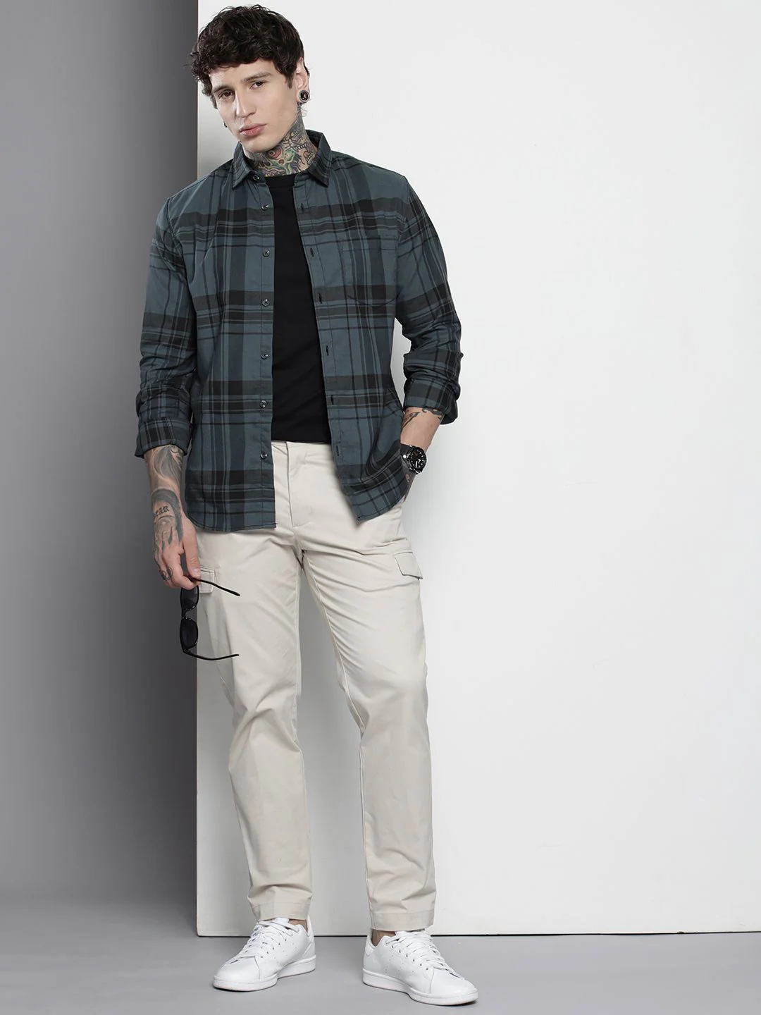 Men's Teal Slim Fit Checked Casual Shirt - Image 3