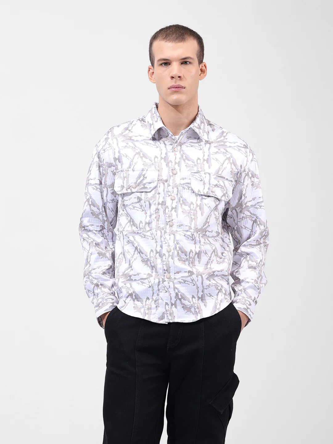 Men's Off White Regular Fit Printed Textured Shirt - Image 7