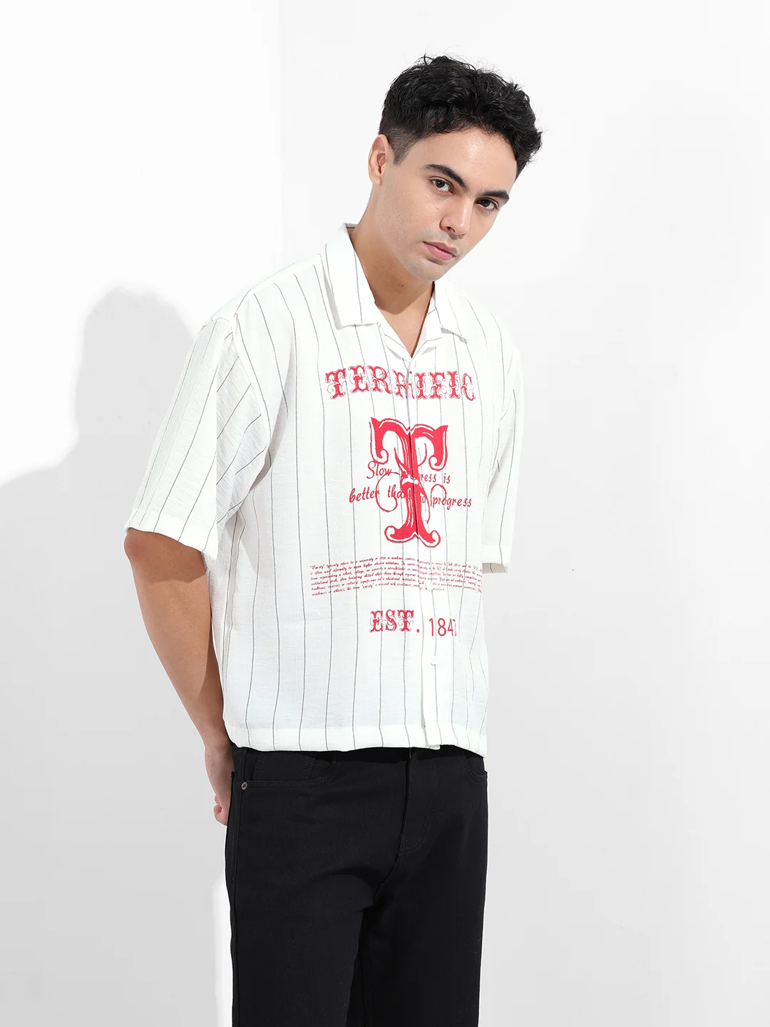 Men's White Boxy Fit Striped Casual Shirt - Image 3