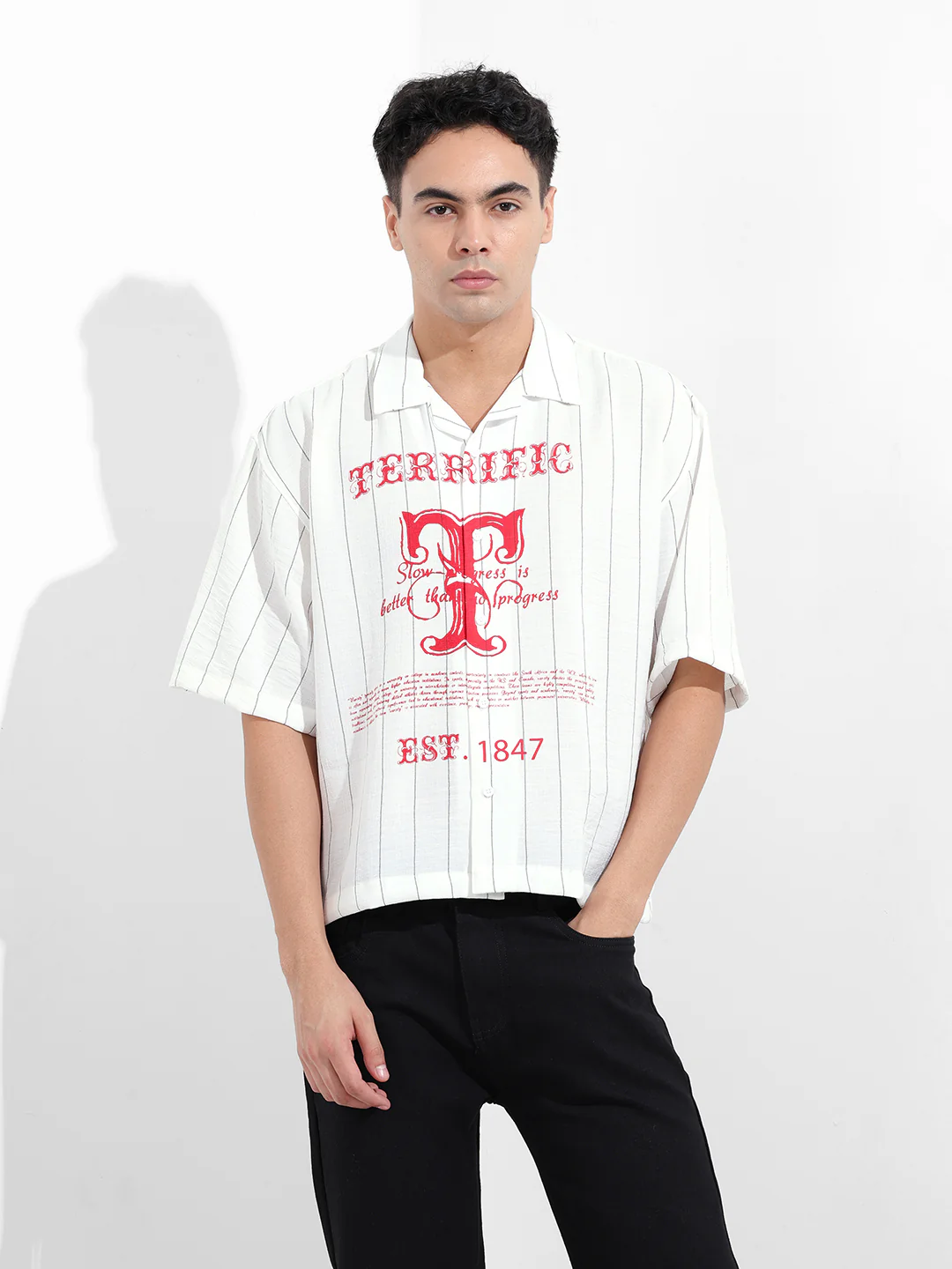 Men's White Boxy Fit Striped Casual Shirt - Image 7