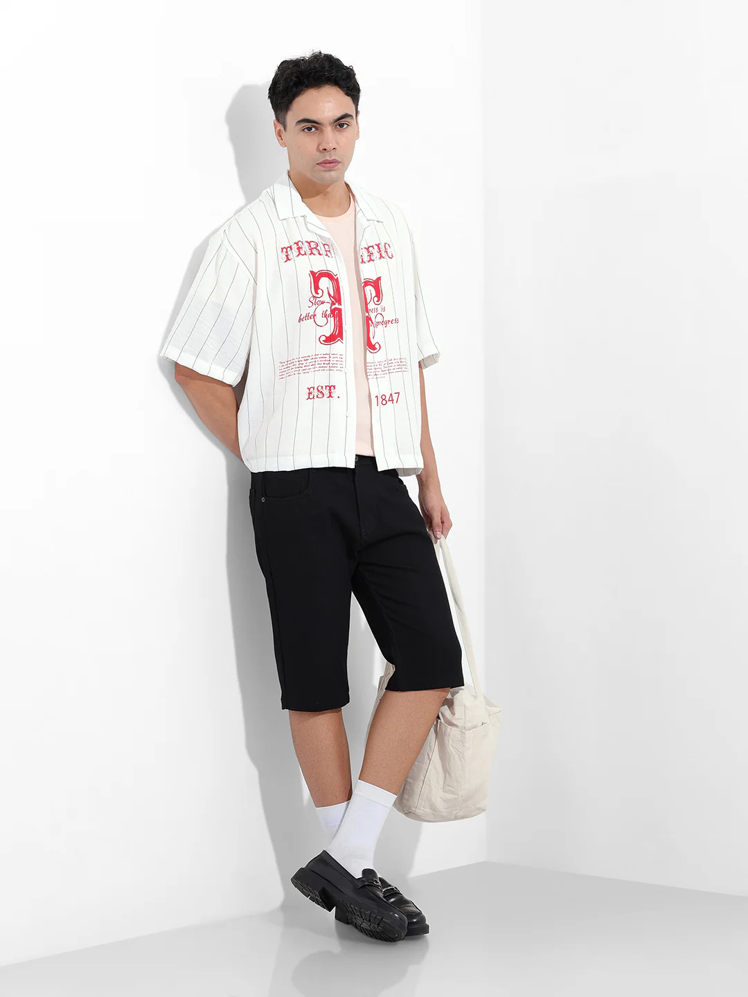 Men's White Boxy Fit Striped Casual Shirt - Image 8