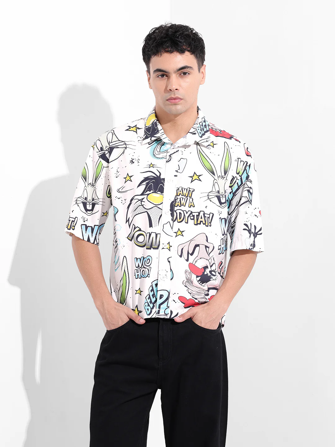 Men's White Boxy Fit Character Looney Tunes Shirt - Image 6