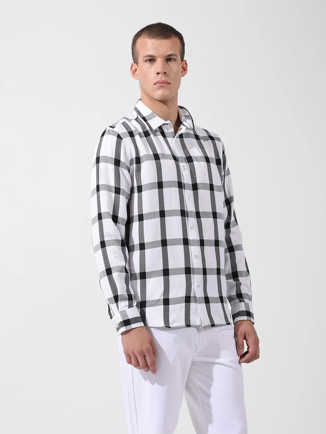 Men's White Regular Fit Checked Casual Shirt - Image 5