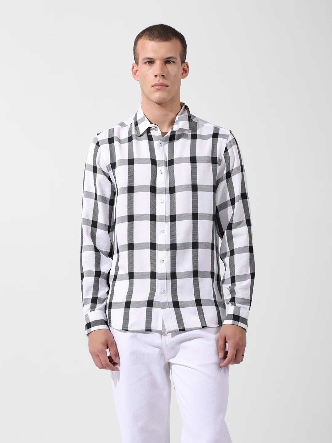 Men's White Regular Fit Checked Casual Shirt - Image 8