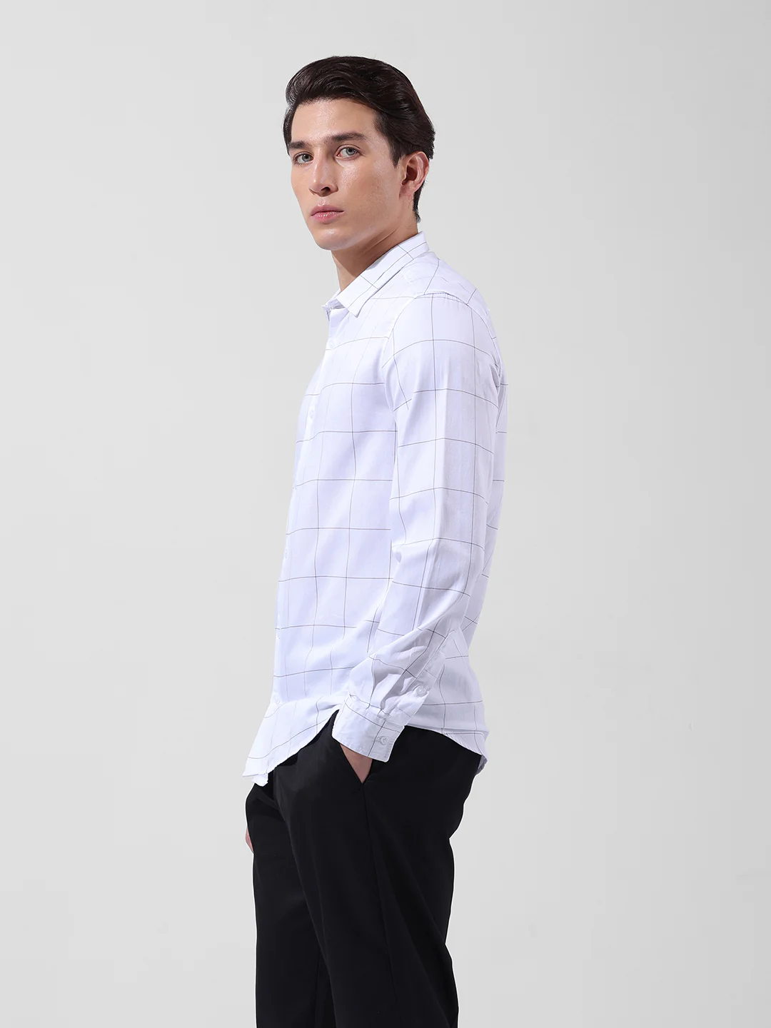 Men's White Slim Fit Checked Casual Shirt - Image 2
