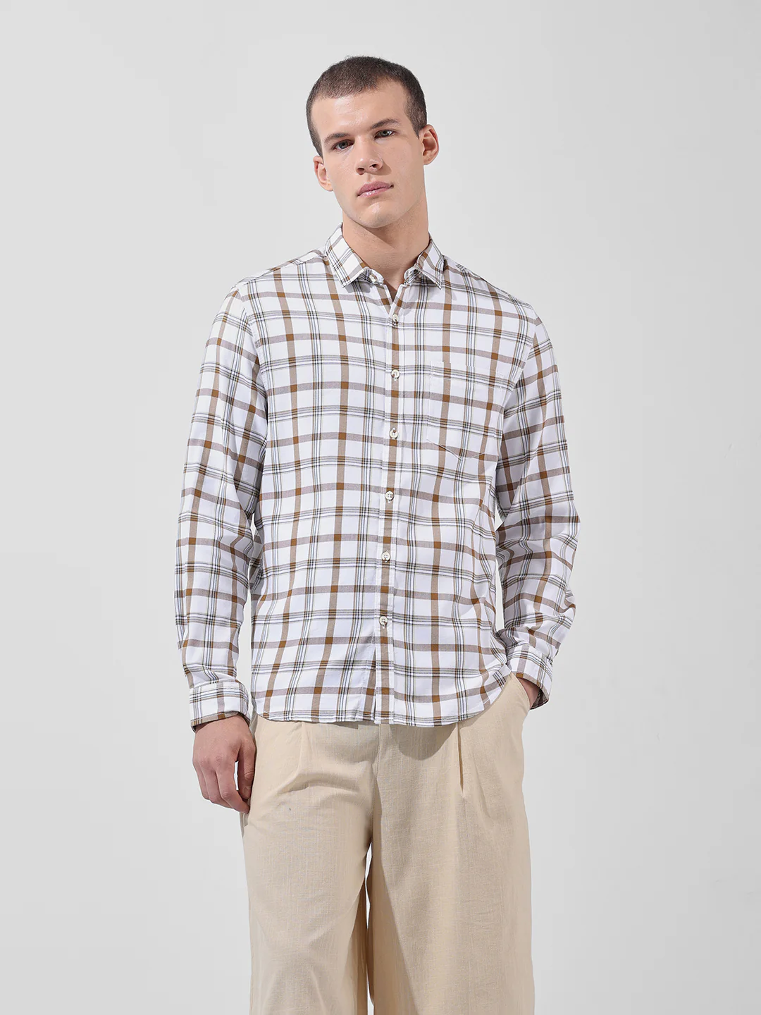 Men's White Slim Fit Checked Casual Shirt - Image 6