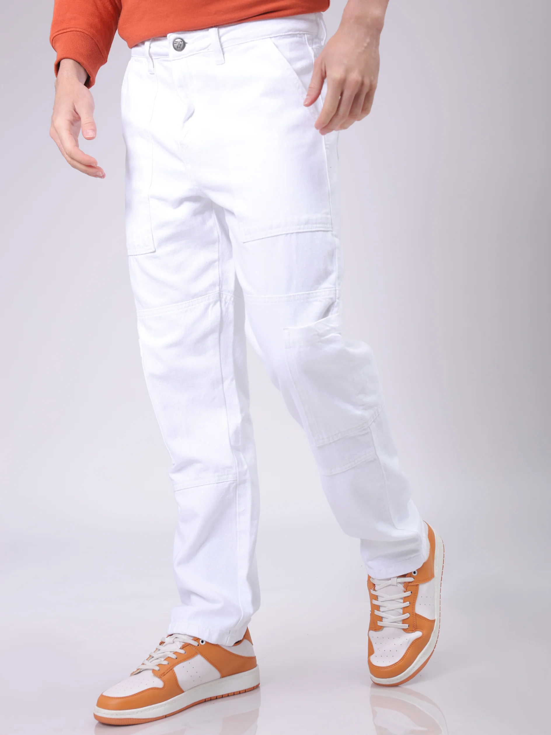 Men's White Dad Fit Solid Utility Jeans - Image 2
