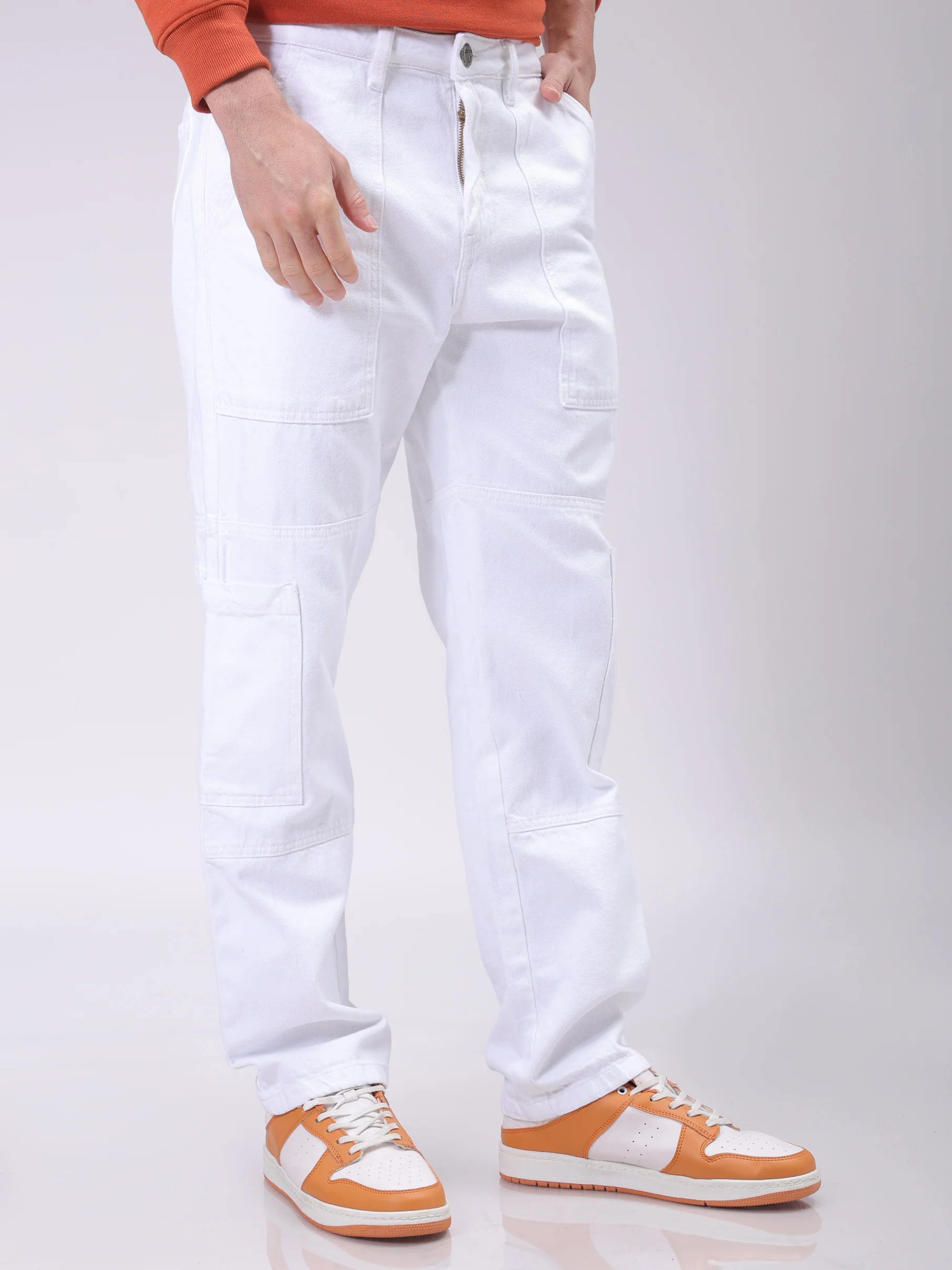 Men's White Dad Fit Solid Utility Jeans - Image 3