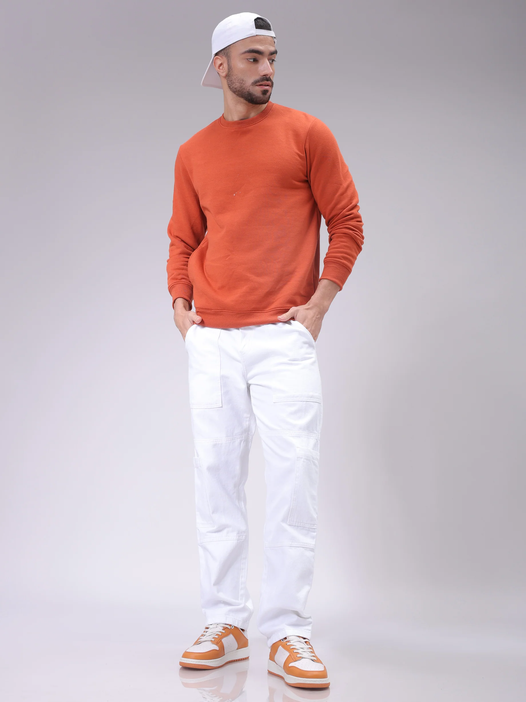 Men's White Dad Fit Solid Utility Jeans - Image 4