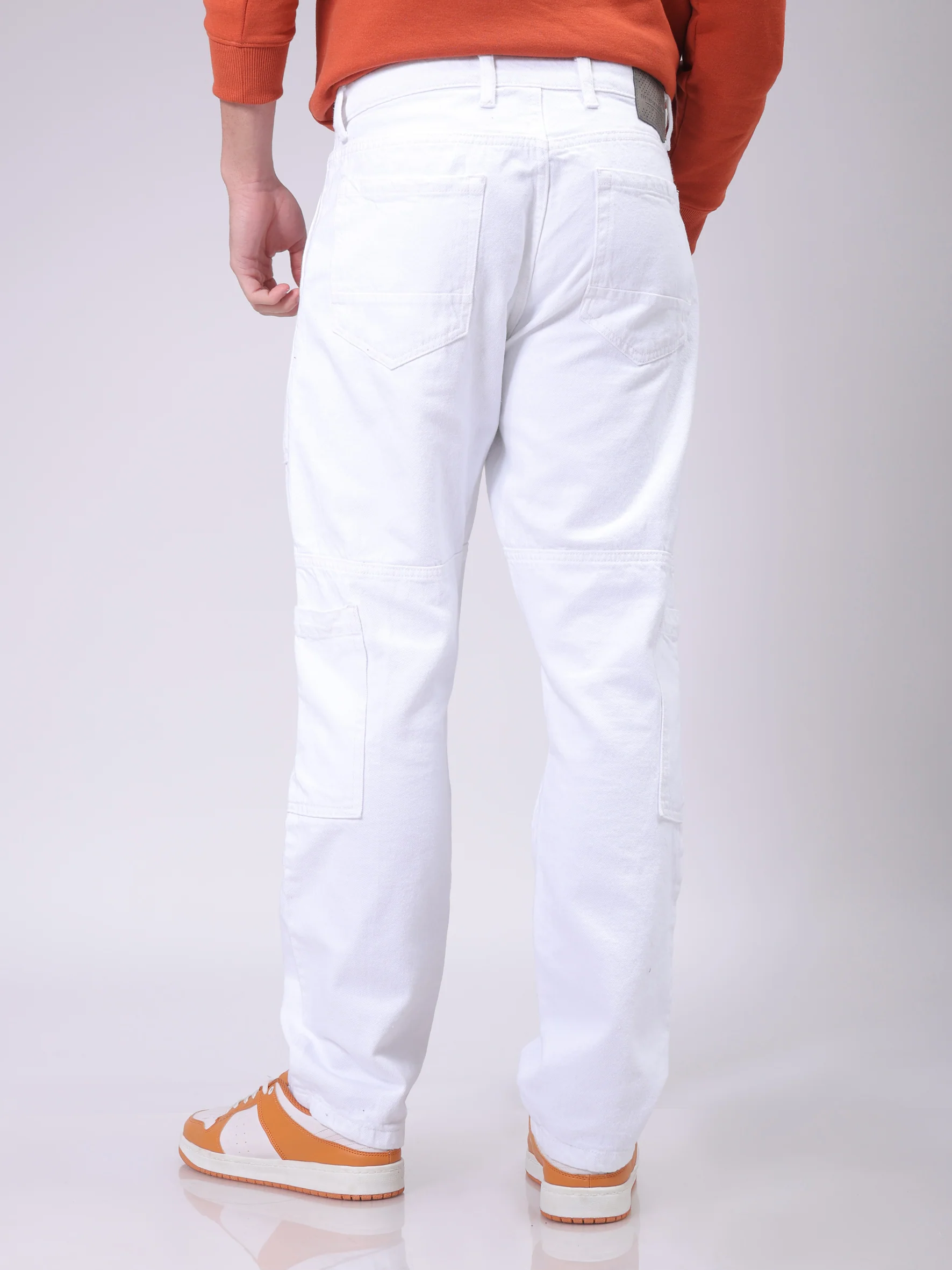 Men's White Dad Fit Solid Utility Jeans - Image 5