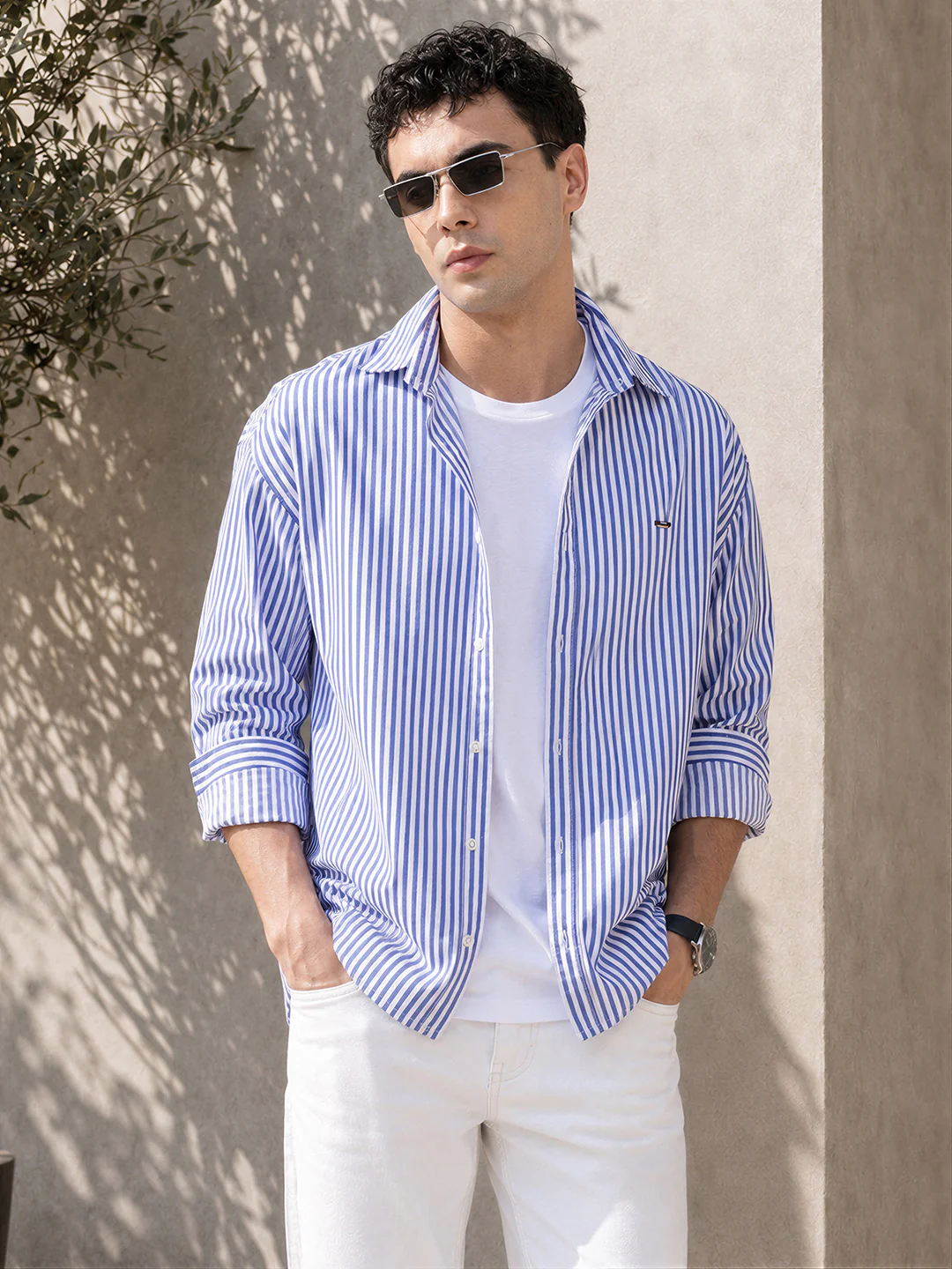 Men's White Oversized Fit Striped Street Wear Shirt