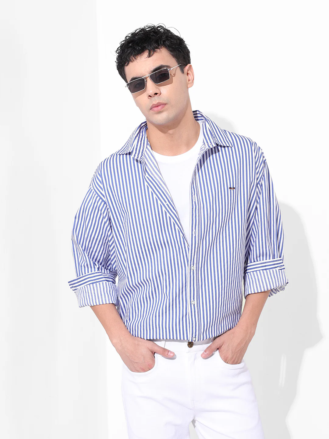 Men's White Oversized Fit Striped Street Wear Shirt - Image 2