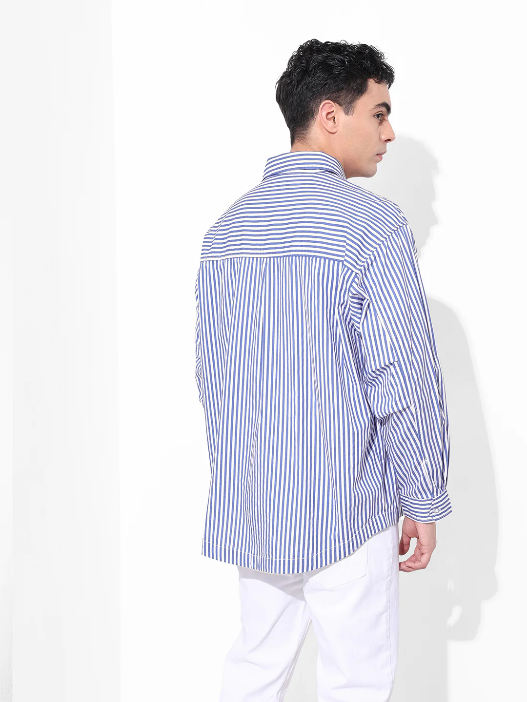 Men's White Oversized Fit Striped Street Wear Shirt - Image 5