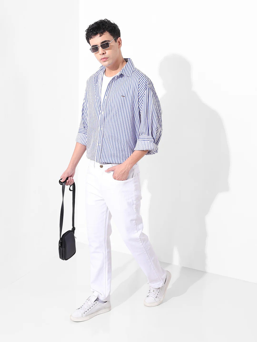 Men's White Oversized Fit Striped Street Wear Shirt - Image 6