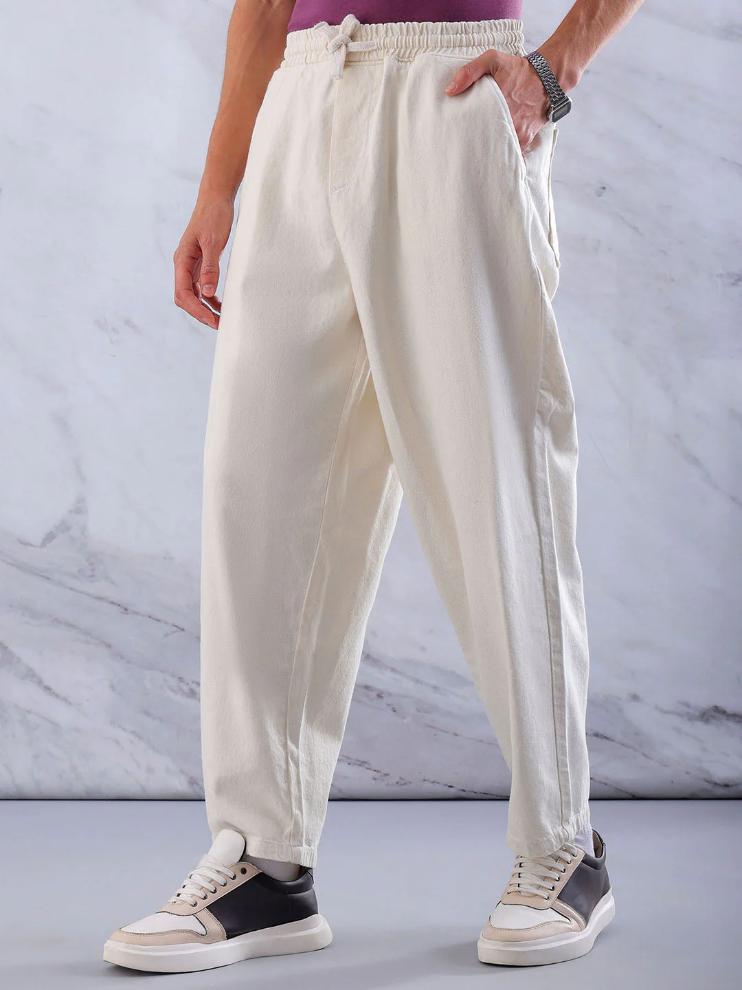 Men's White Loose Fit Solid Street Wear Jeans - Image 4