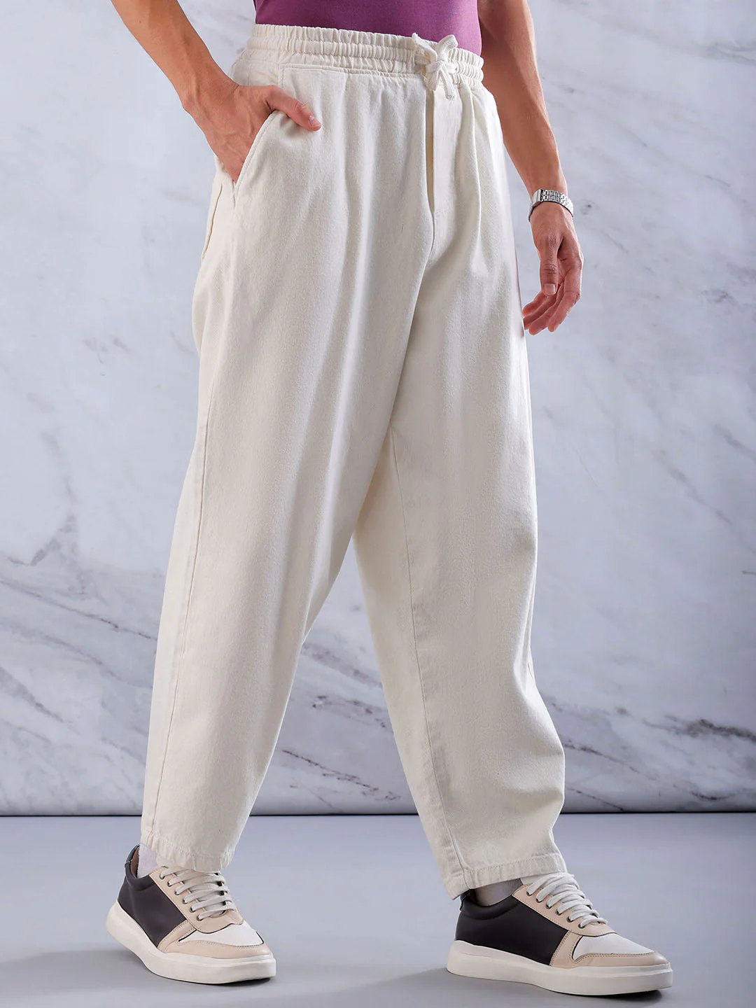 Men's White Loose Fit Solid Street Wear Jeans - Image 5