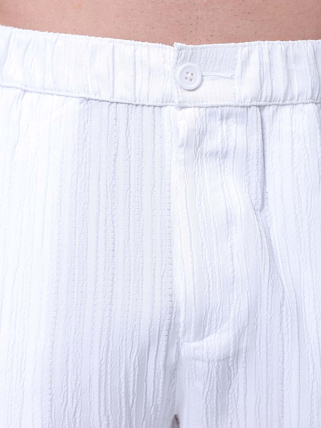 Men's White Loose Fit Textured Resort Wear Trouser - Image 7