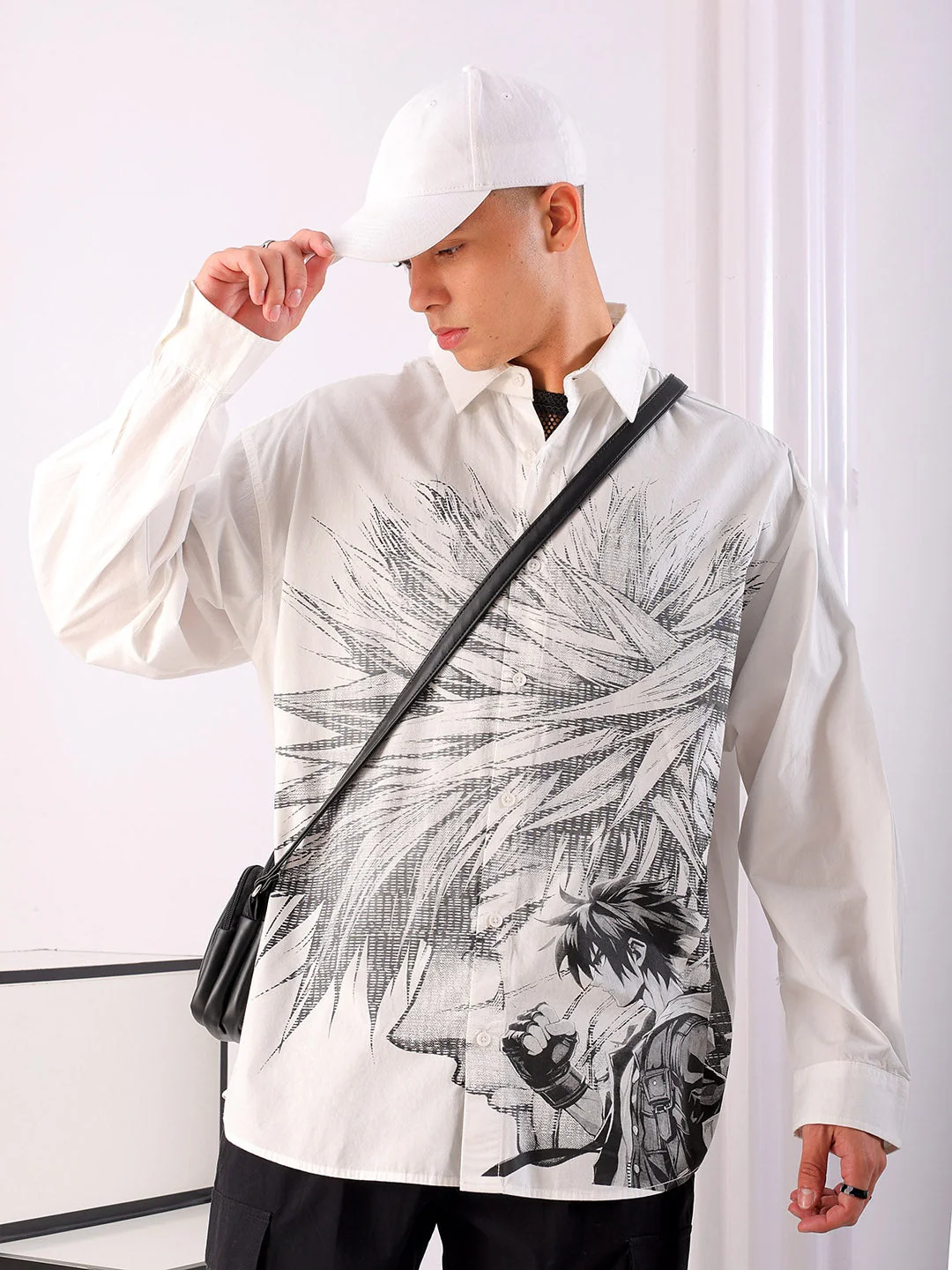 Men's White Oversized Fit Graphic Printed Korean Street Shirt - Image 2