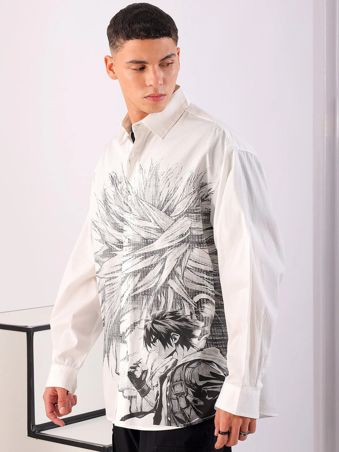 Men's White Oversized Fit Graphic Printed Korean Street Shirt - Image 5
