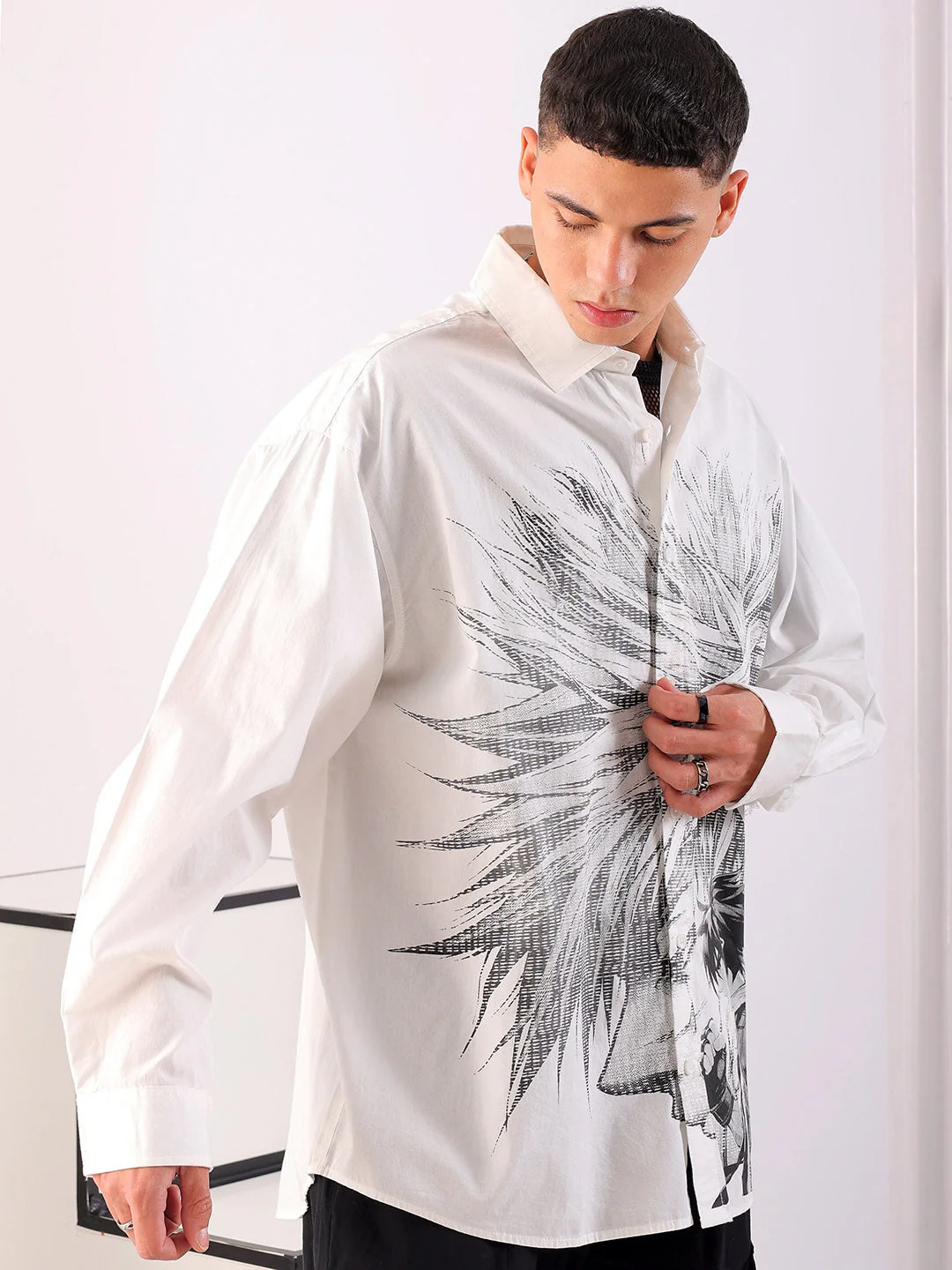 Men's White Oversized Fit Graphic Printed Korean Street Shirt - Image 6