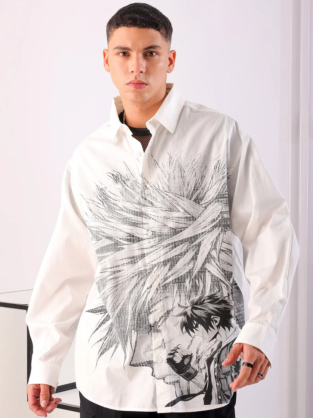 Men's White Oversized Fit Graphic Printed Korean Street Shirt - Image 8