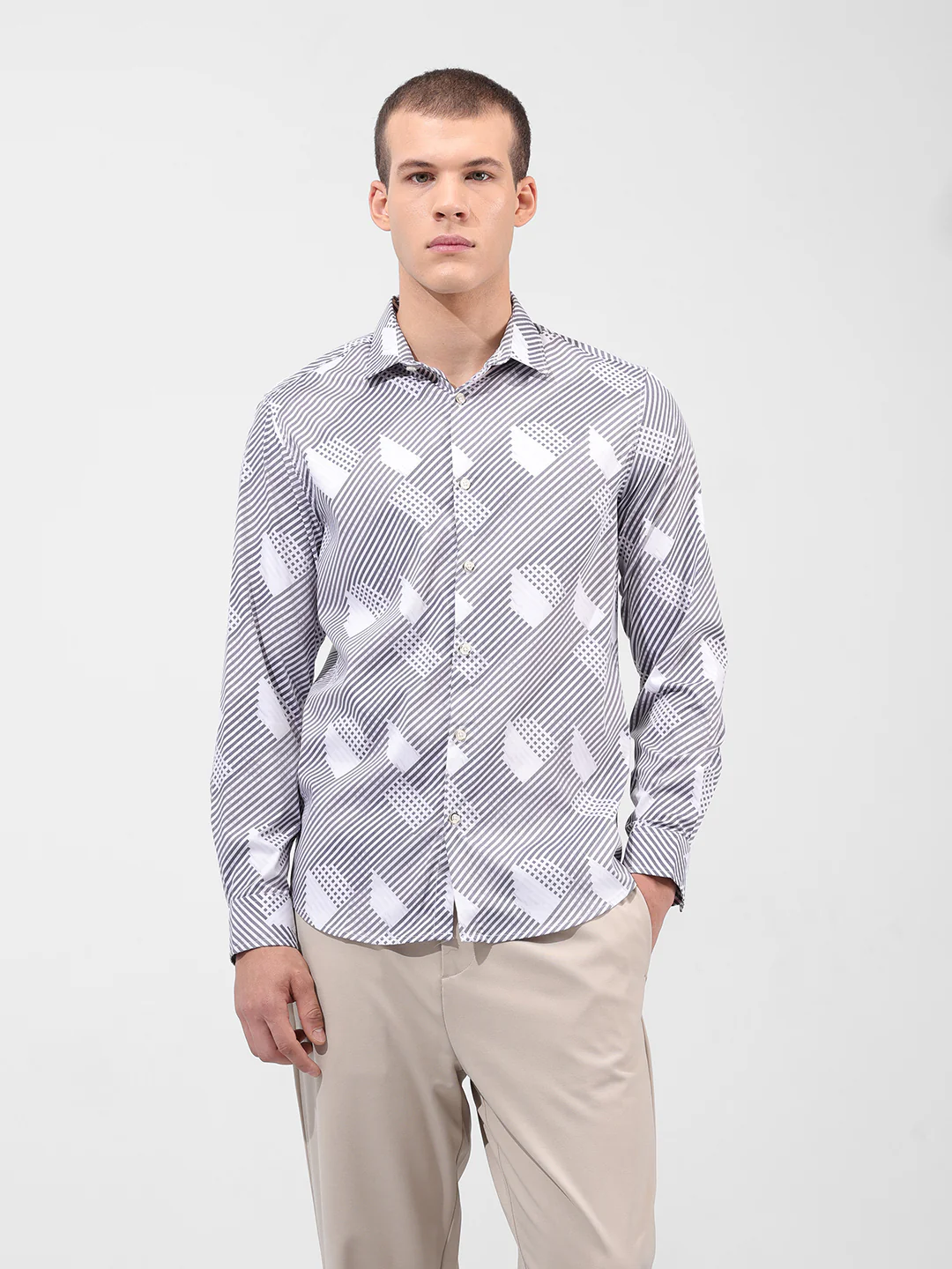 Men's Grey Slim Fit Printed Party Wear Shirt - Image 7