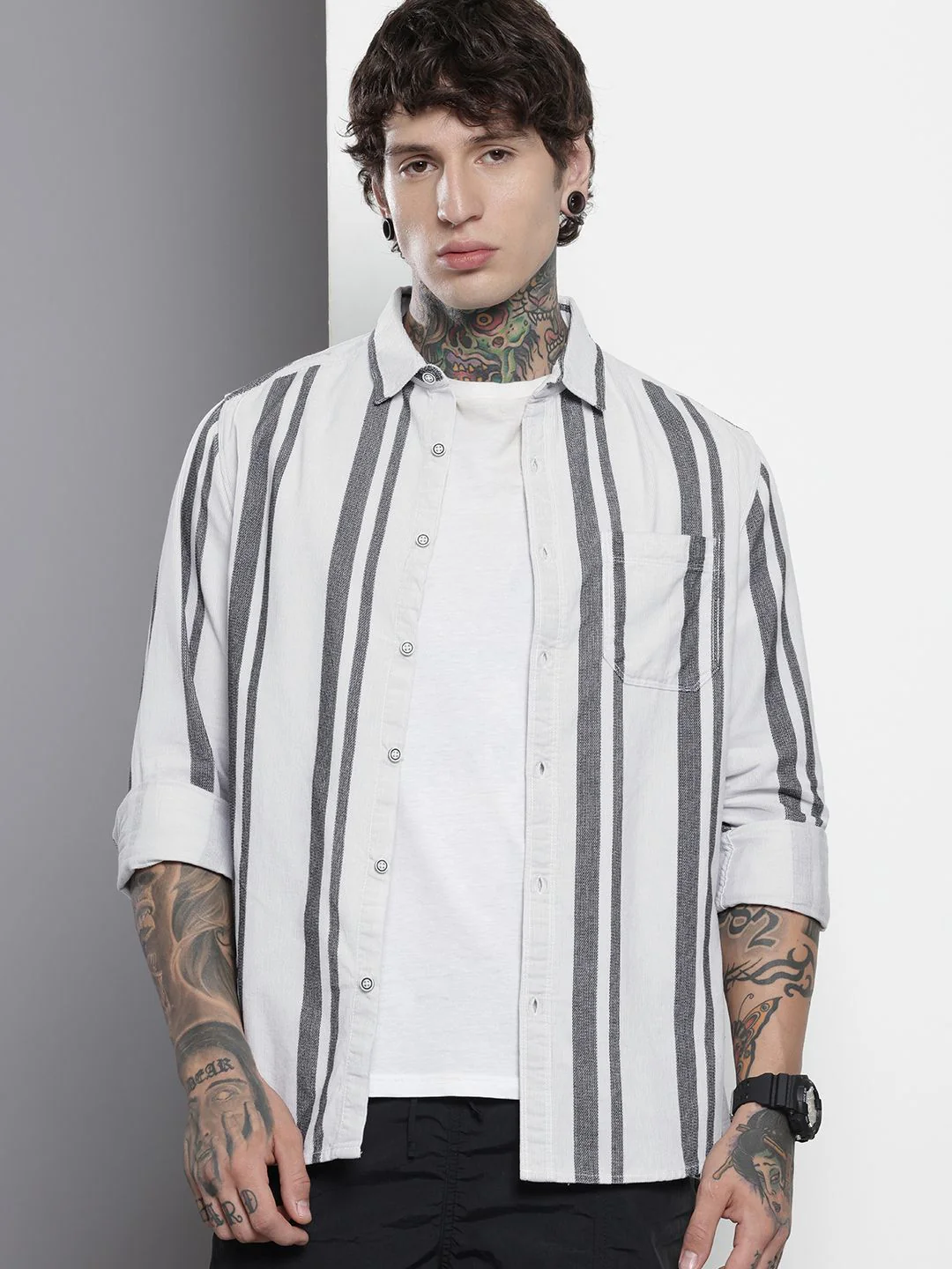 Men's White Regular Fit Striped Casual Shirt - Image 2