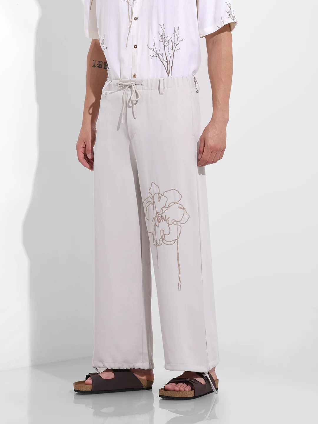 Men's Bone White Wide Leg Fit Embroided Retro Wear Jogger - Image 2