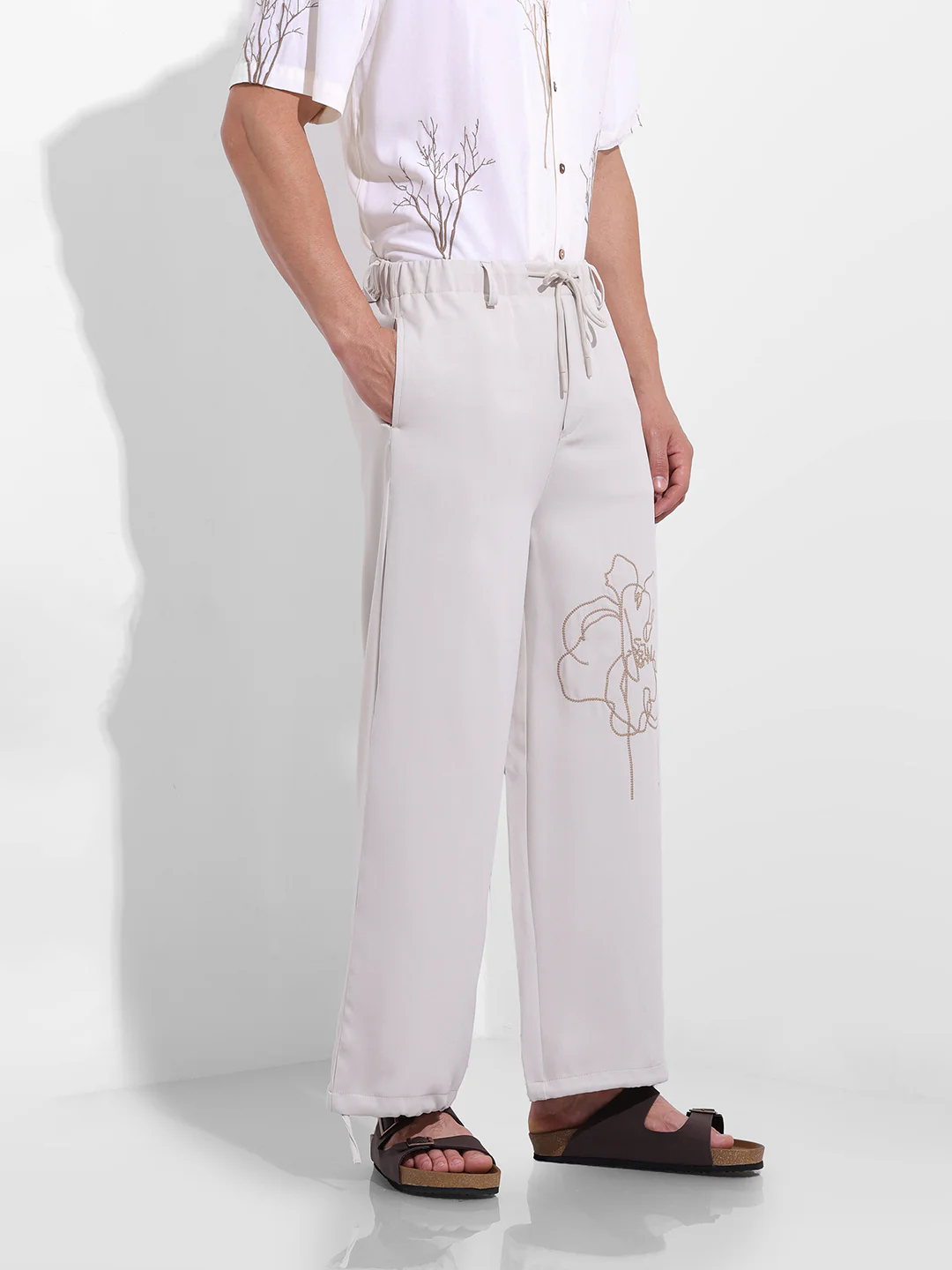 Men's Bone White Wide Leg Fit Embroided Retro Wear Jogger - Image 3